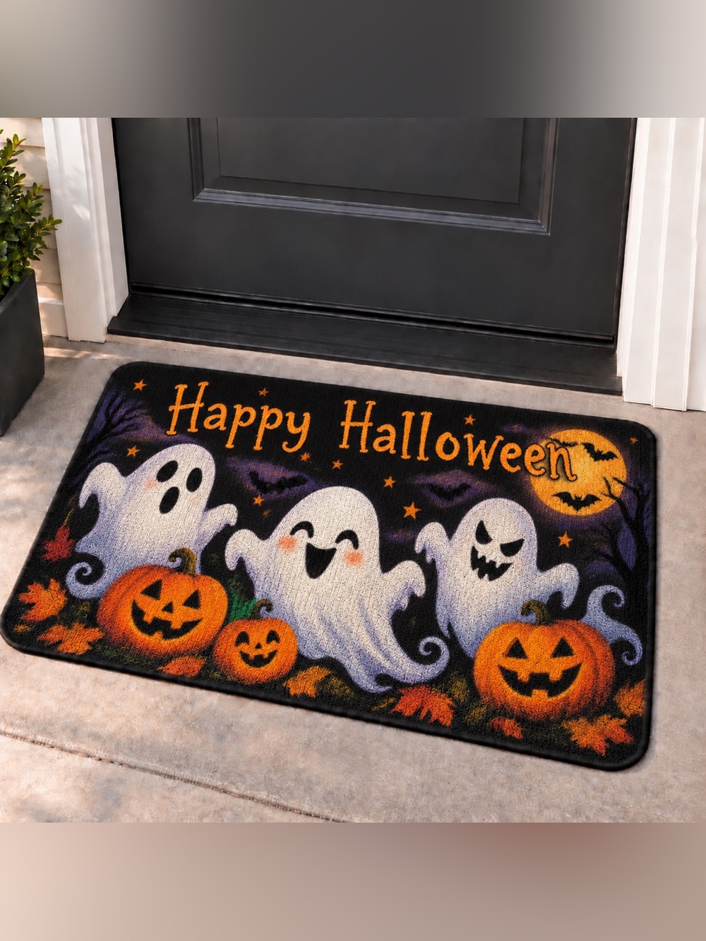Happy Halloween Ghost & Pumpkin Door Mat - Black/Orange/White (indoor/outdoor)